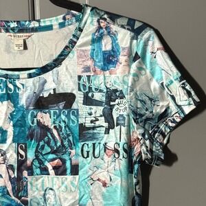 GUESS Y2K Photo Collage Magazine Print Babydoll Tee, Teal,M